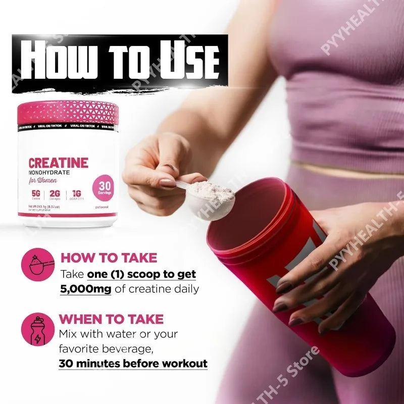 Creatina para Mujeres, Suplemento Post-Entrenamiento - 5000mg de Creatina, 2000mg de Colágeno Bovino Hidrolizado para el Crecimiento Muscular Magro