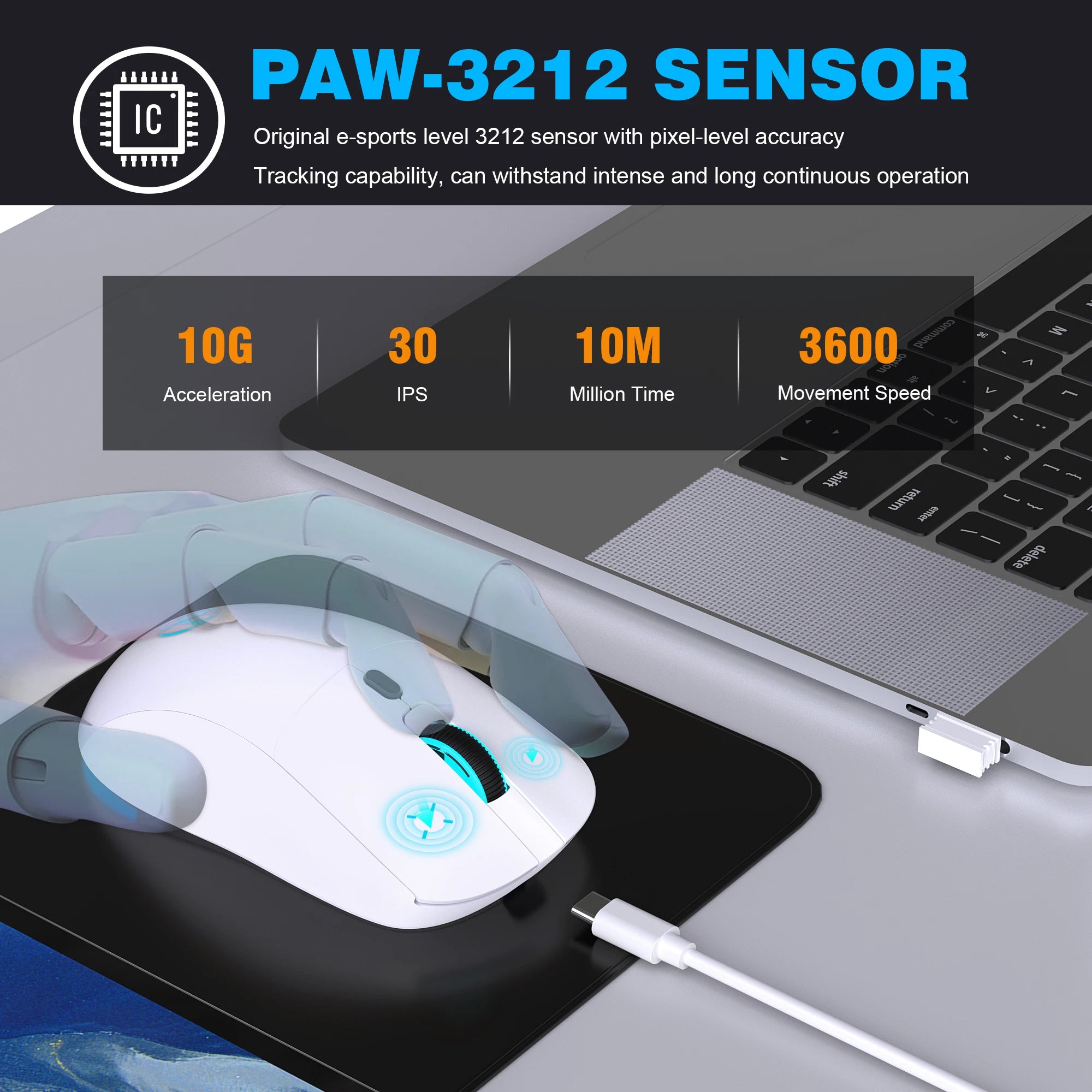 Ratón Inalámbrico Recargable de 2.4G, 650mAh, Ajustable a 3600DPI, Iluminación RGB de 7 Colores, Ergonómico y Silencioso para Oficina, Portátil, PC y Juegos