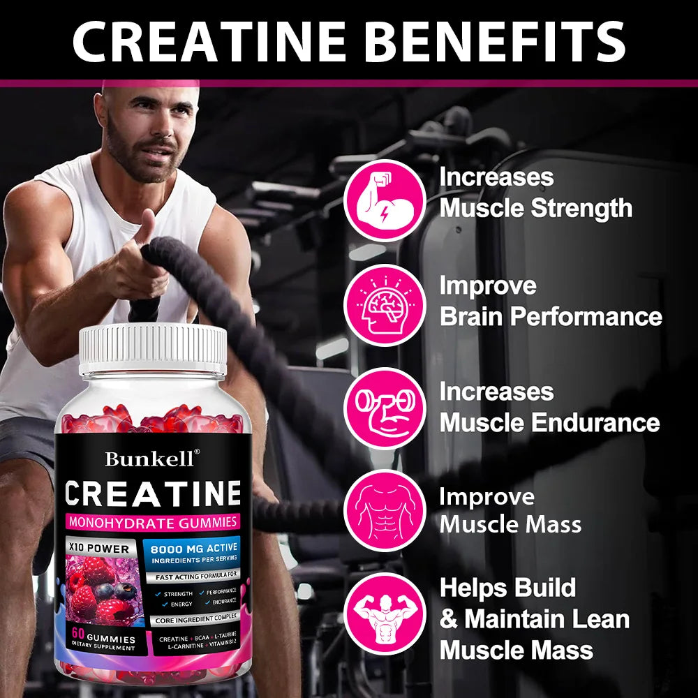 Gomitas monohidratadas de creatina: 8000 mg, pre/poste de entrenamiento, fitness, fuerza, desarrollo muscular, proporcionan suplementos energéticos