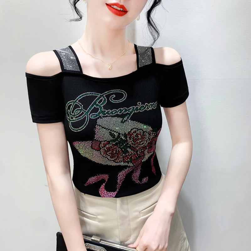 Ropa de calle europea, camiseta de marca para mujer, camisetas ajustadas de manga corta elegantes con diamantes brillantes para mujer