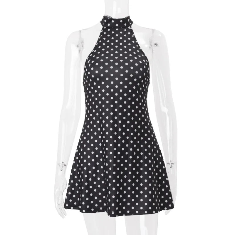 Elegante Vestido Mini de Puntos con Hombros Descubiertos para Mujer, Sin Mangas, Espalda Descubierta, Cintura Alta, Estilo Y2K, Moda de Verano, Vestido de Fiesta para Club