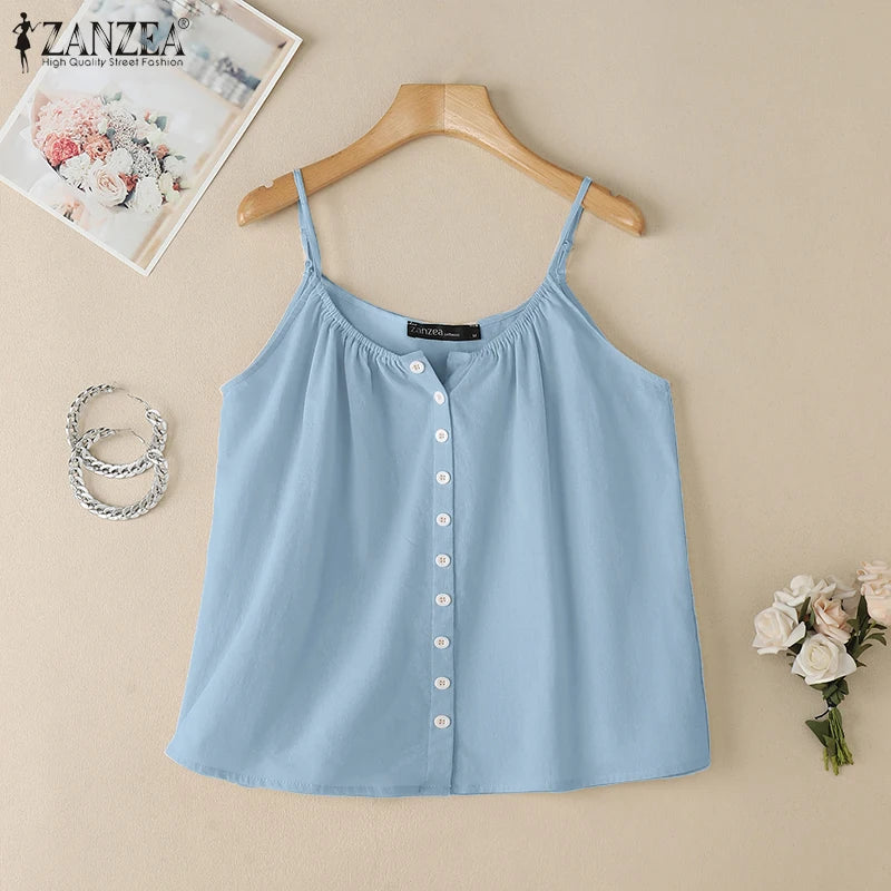 2025 camisetas sin mangas de verano para mujer ZANZEA moda Spaghetti Strap Blusa de algodón Casual suelta sólida playa Camis sin mangas camisa de vacaciones