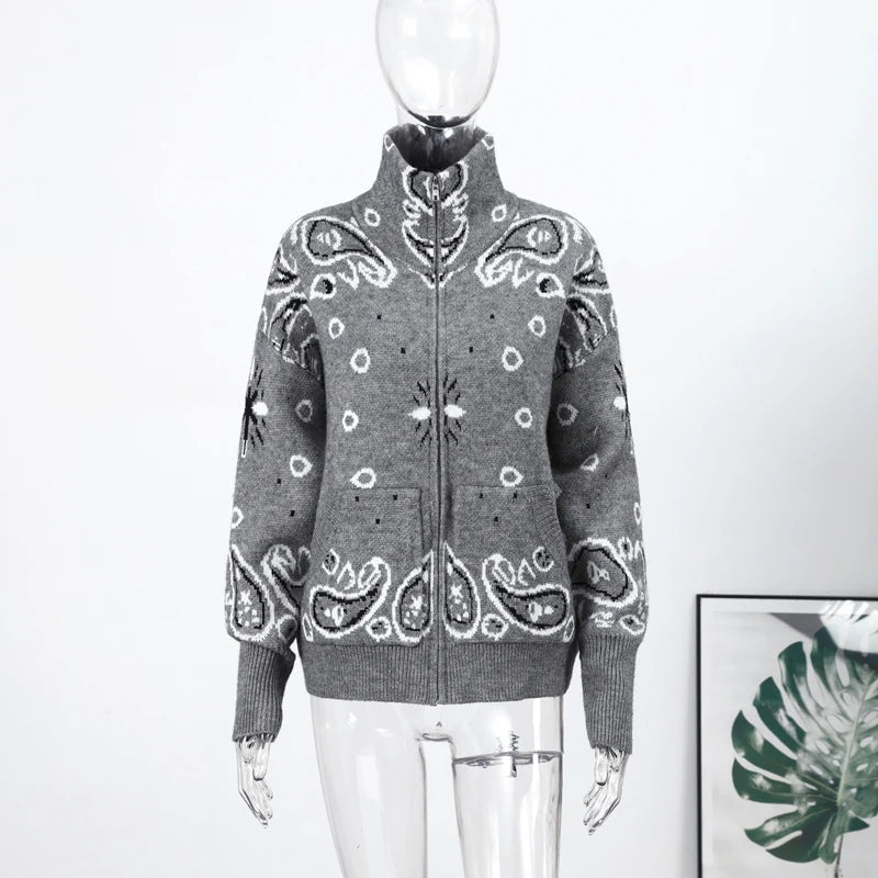 Cárdigan Vintage de punto Jacquard con cuello levantado para mujer, suéter holgado con bolsillos de manga larga y cremallera, prendas de punto suaves para primavera 2026