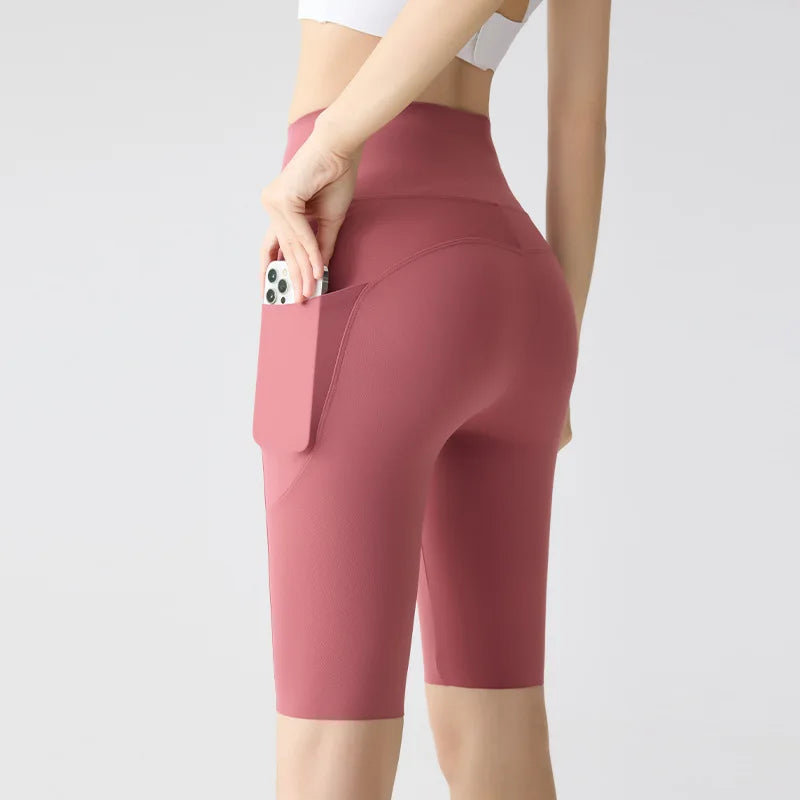 BIVIGAOS, pantalones cortos de verano con bolsillo para Yoga de piel de tiburón para bicicleta, pantalones cortos finos de cintura alta con realce, sensación desnuda, pantalones cortos deportivos para ciclismo y Fitness
