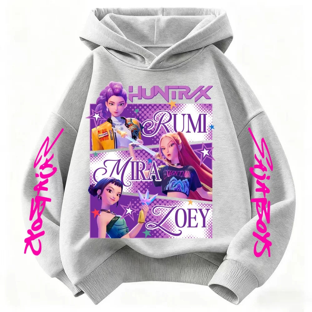 Sudadera con capucha Huntrix KPop Dem on Hunters para niños y niñas (estilo princesa) y niños (diseño moderno), se adapta como una sudadera infantil.