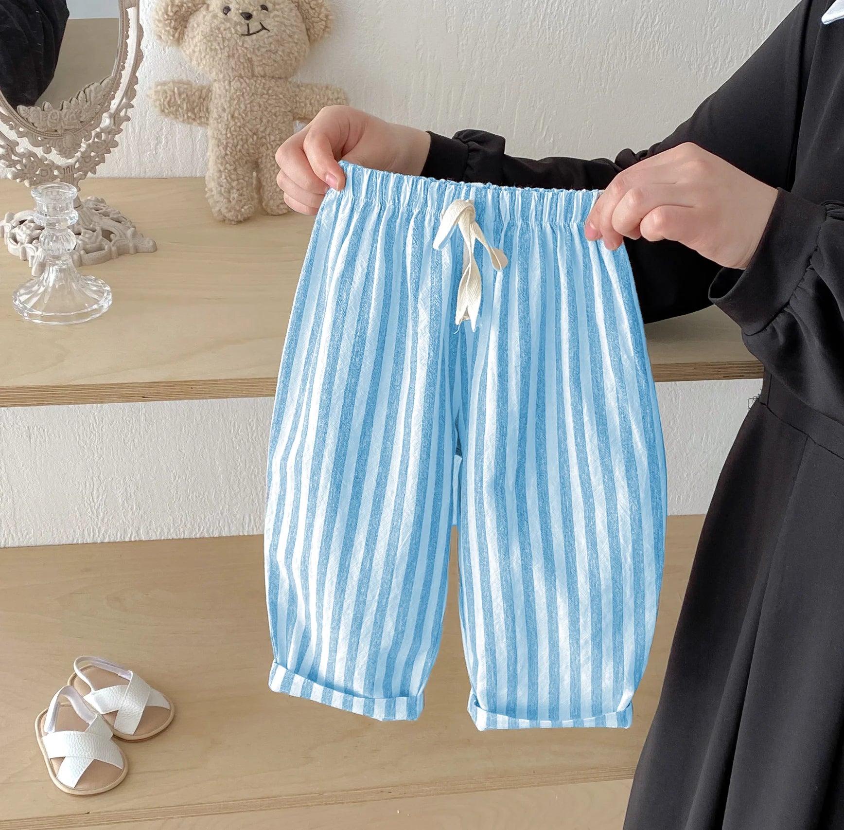 Pantalones Vintage de lino y algodón a rayas para niños, pantalones informales con diseño de bolsillo, pantalones de cintura elástica para niño niña, ropa, pantalones para niños