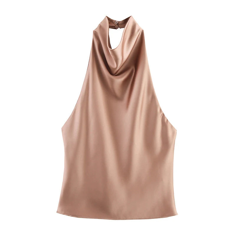 Vestido sin mangas con cuello colgante para mujer, vestido liso de satén con espalda descubierta, vestidos informales de oficina con tirantes finos, nueva Suite de primavera 2025