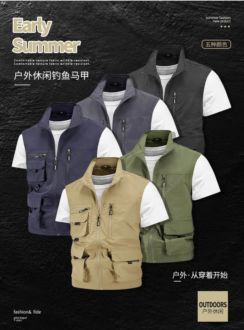Chaqueta de caza para acampar, chaleco de trabajo para hombre, cortavientos táctico, talla grande, Golf, sin mangas, pesca, abrigo impermeable, chaleco de verano