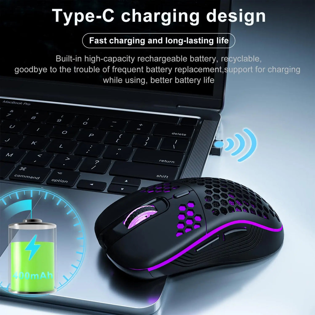 Ratón inalámbrico ligero con diseño de panal de abeja, Mouse recargable con retroiluminación RGB, receptor USB, DPI ajustable, 2,4G