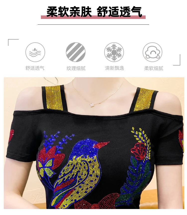 Ropa de calle europea, camiseta de marca para mujer, camisetas ajustadas de manga corta elegantes con diamantes brillantes para mujer