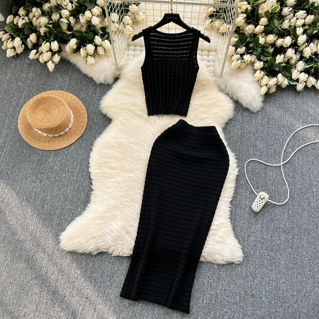 Conjunto de falda de moda de verano para mujer, camisetas sin mangas Sexy, cintura alta, Saya larga delgada, trajes de dos piezas, ropa de punto sólida