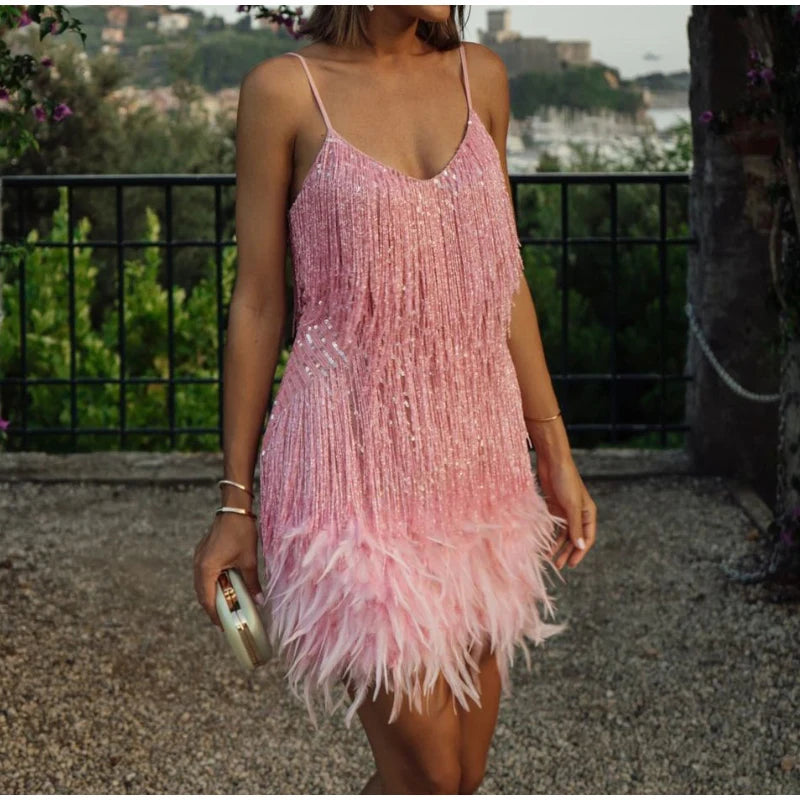 2025 nuevo Sexy borla lentejuelas pluma Mini vestido mujeres Spaghetti Strap costura vestidos mujer elegante vestido de fiesta de noche Club
