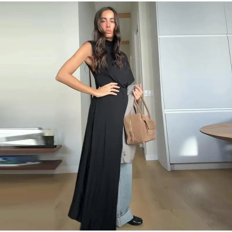 Vestido sin mangas con cuello colgante para mujer, vestido liso de satén con espalda descubierta, vestidos informales de oficina con tirantes finos, nueva Suite de primavera 2025