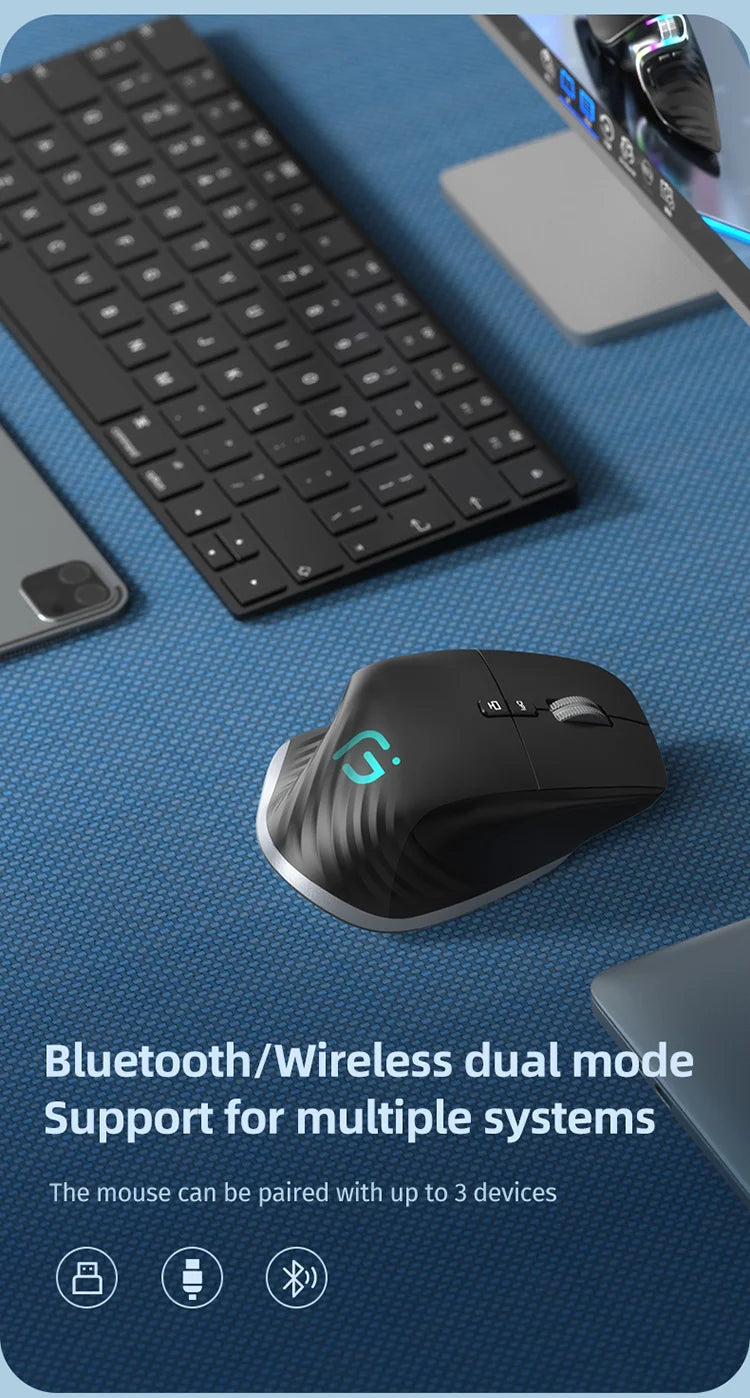 JOMAA-ratón inalámbrico para juegos de ordenador, Mouse negro de 2,4G con Bluetooth, RGB, recargable, diseño ergonómico, para oficina