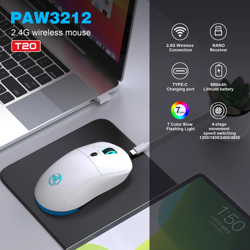 Ratón Inalámbrico Recargable de 2.4G, 650mAh, Ajustable a 3600DPI, Iluminación RGB de 7 Colores, Ergonómico y Silencioso para Oficina, Portátil, PC y Juegos
