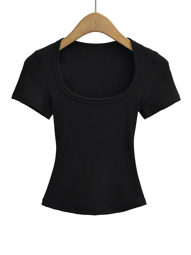 Top corto de alta elasticidad con cuello cuadrado para mujer, top sexy de manga corta, jersey ajustado, camisa básica de verano