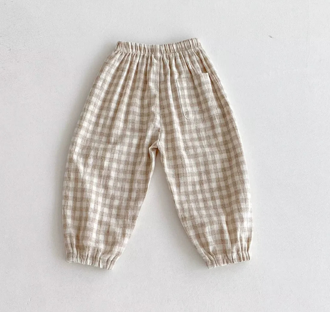 Pantalones Vintage de lino y algodón a rayas para niños, pantalones informales con diseño de bolsillo, pantalones de cintura elástica para niño niña, ropa, pantalones para niños