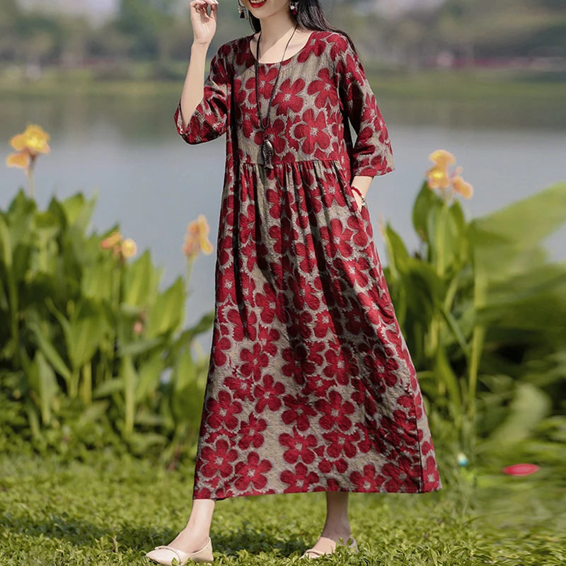 Vestido Floral Vintage mujer 2025 ZANZEA otoño Vestidos largos bohemios Casual manga larga Maxi Vestidos bata suelta Mujer de gran tamaño