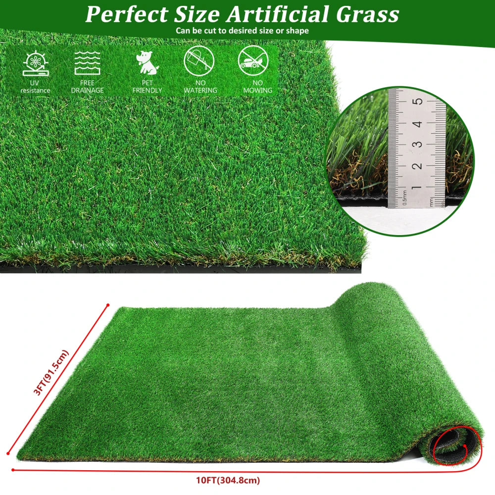 Alfombra de Césped Artificial para Exteriores de 3 pies x 10 pies, Rollo de Césped Sintético Grueso para Patio, Balcón, Jardín, Césped para Perros, Tapete de Drenaje con Altura de Pelo de 1.38 Pulgadas