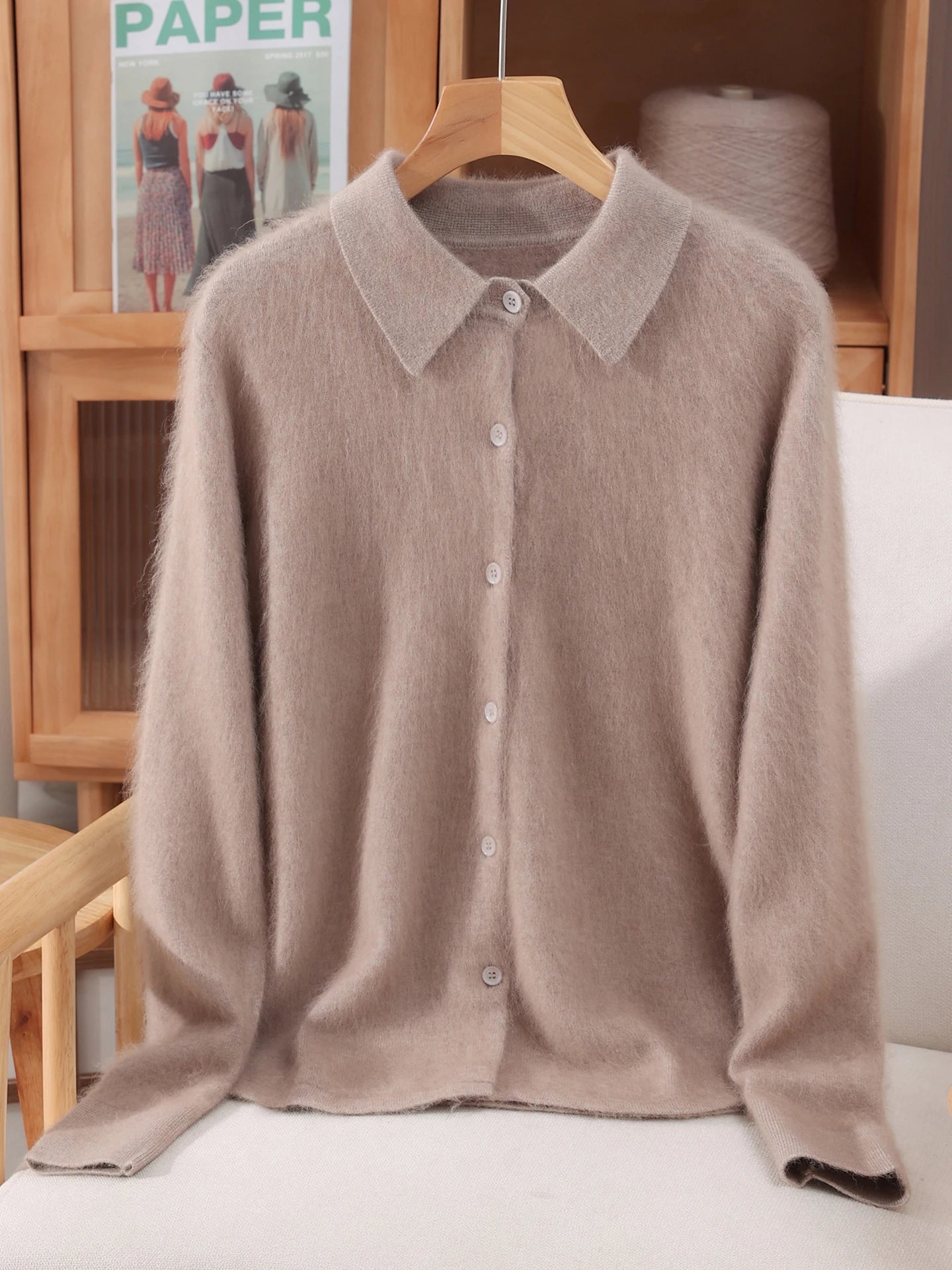 Otoño Invierno mujer 100% suéter de cachemira de visón puro con cuello Peter Pan y botones Preppy coreano Casual tejido de Color sólido