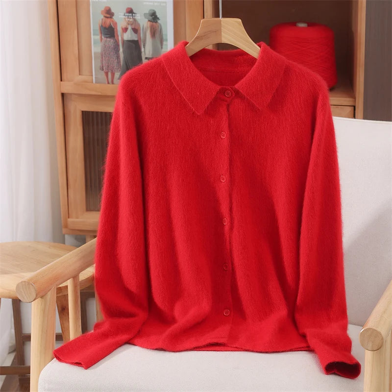 Otoño Invierno mujer 100% suéter de cachemira de visón puro con cuello Peter Pan y botones Preppy coreano Casual tejido de Color sólido