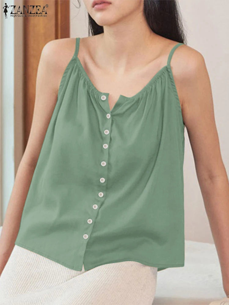 2025 camisetas sin mangas de verano para mujer ZANZEA moda Spaghetti Strap Blusa de algodón Casual suelta sólida playa Camis sin mangas camisa de vacaciones