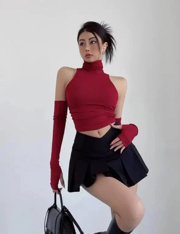 Top sin mangas Sexy para primavera y verano, Top corto plisado con mangas para chica picante y cuello alto, camiseta para mujer, ropa informal ajustada Y2k