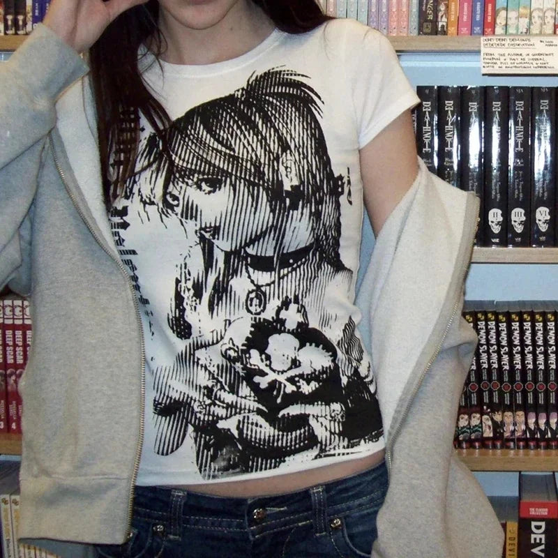 Y2k-Camiseta con estampado de texto para mujer, cuello redondo, montado en la calle, Harajuku, corte Retro Simple, hermosa camiseta informal Kawaii, 90' S
