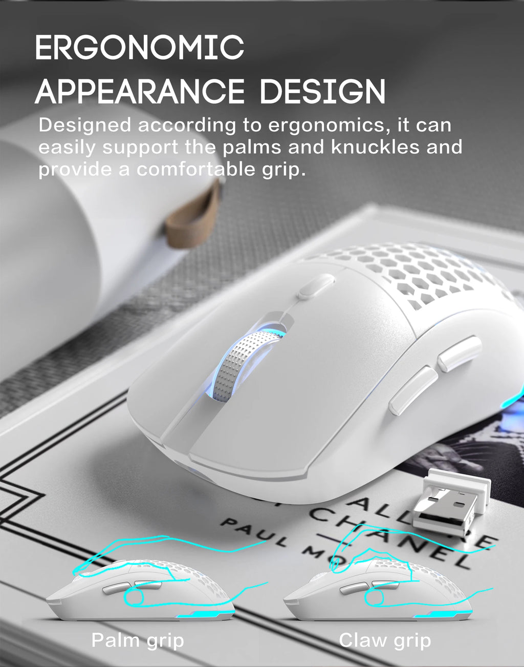 Ratón recargable con diseño de panal USB con iluminación ajustable RGB inalámbrica para uso en el hogar, juegos y oficina, Plug And Play
