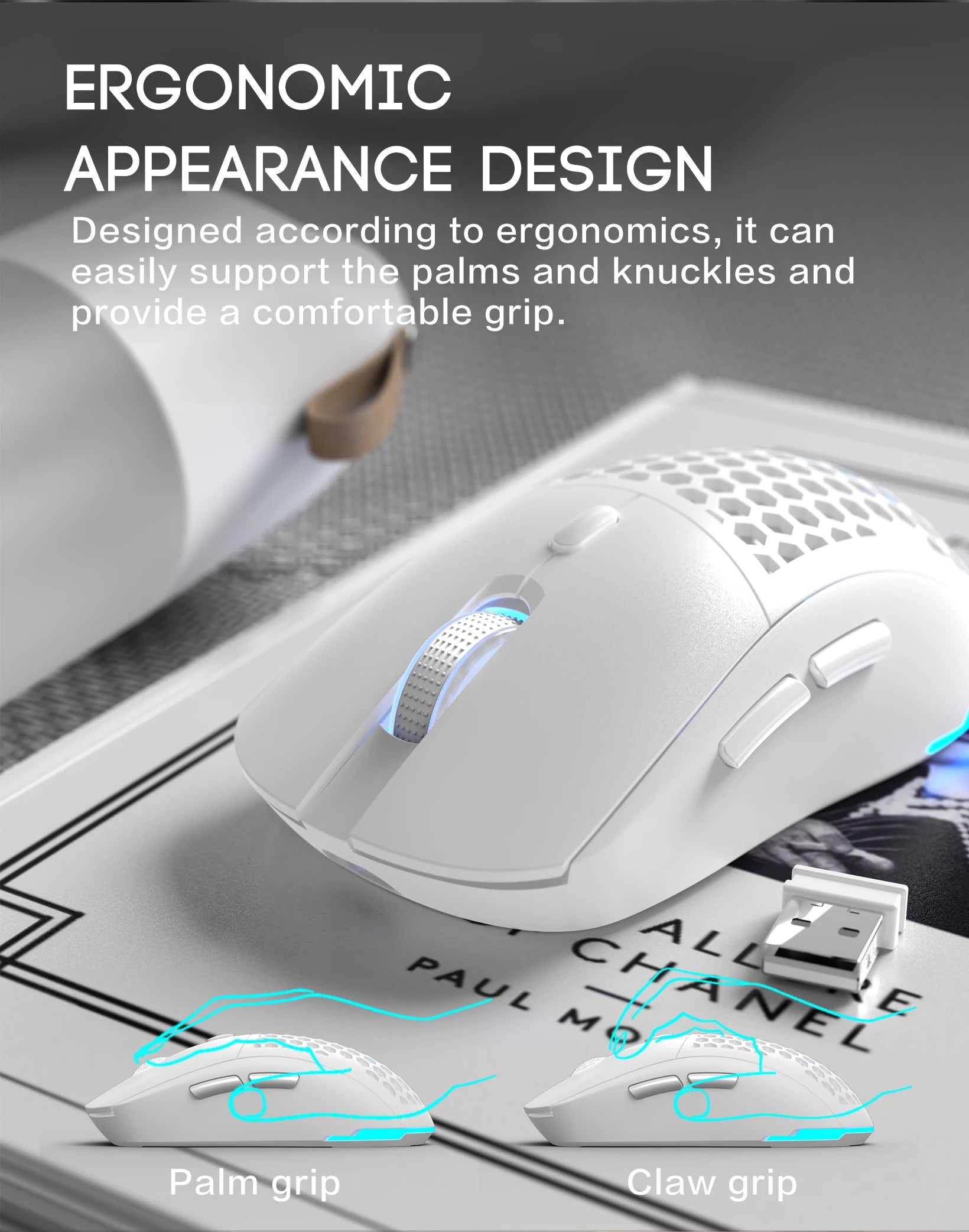 Ratón recargable con diseño de panal USB con iluminación ajustable RGB inalámbrica para uso en el hogar, juegos y oficina, Plug And Play