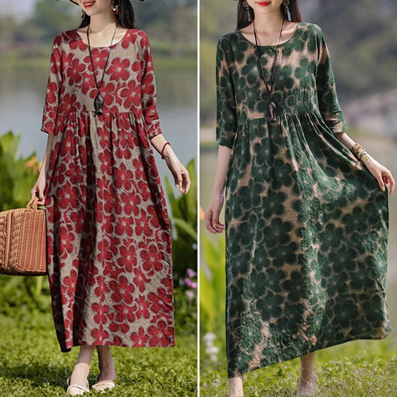 Vestido Floral Vintage mujer 2025 ZANZEA otoño Vestidos largos bohemios Casual manga larga Maxi Vestidos bata suelta Mujer de gran tamaño