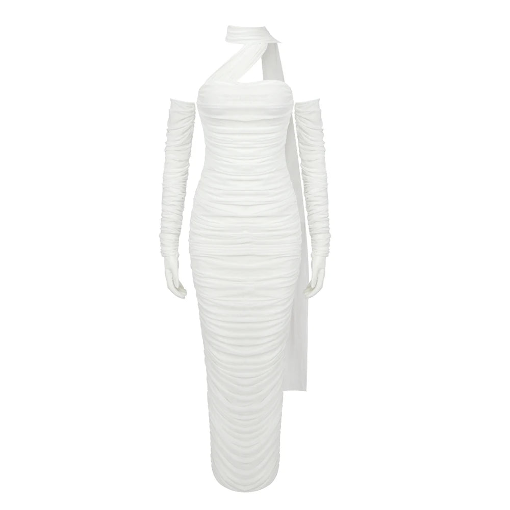 VC Vestido elegante para mujer, cinta drapeada con mangas largas, guantes, Vestido de fiesta, Vestido veraniego de malla para vacaciones