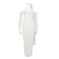 VC Vestido elegante para mujer, cinta drapeada con mangas largas, guantes, Vestido de fiesta, Vestido veraniego de malla para vacaciones