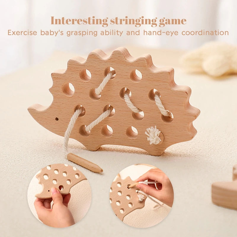 Juguetes de madera Montessori para bebé, tablero de enhebrado de erizo Animal, juguete educativo de madera de haya para niños, bloques de cuentas con botones, juguetes rompecabezas