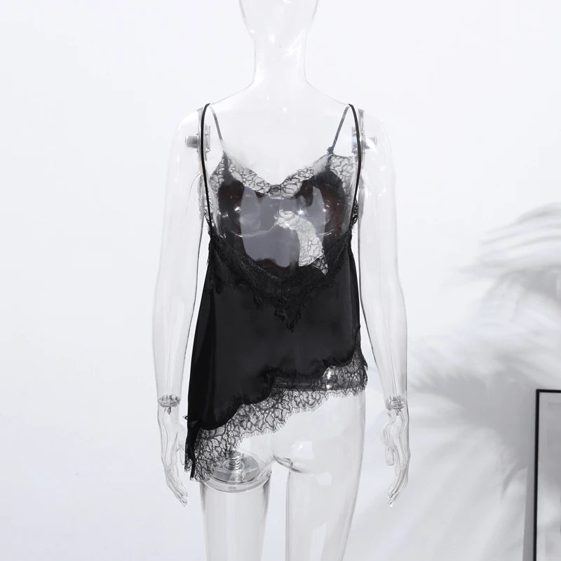 Verano mujeres Halter Top satén encaje empalmado tanque sin espalda cuello profundo Sexy chaleco dobladillo Irregular Vestidos 2025 señora vacaciones Sexy Tops