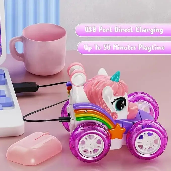 Coche teledirigido unicornio para niñas, 360 °   Coches RC acrobáticos giratorios 4WD con luces lindas, juguetes recargables para niños para regalos de cumpleaños