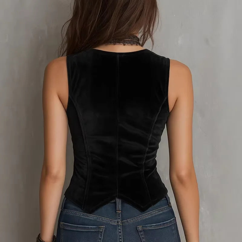 Chalecos de terciopelo para mujer, corsé informal Vintage liso con una hilera de botones, camisetas sin mangas ajustadas y elegantes, chalecos Retro de otoño