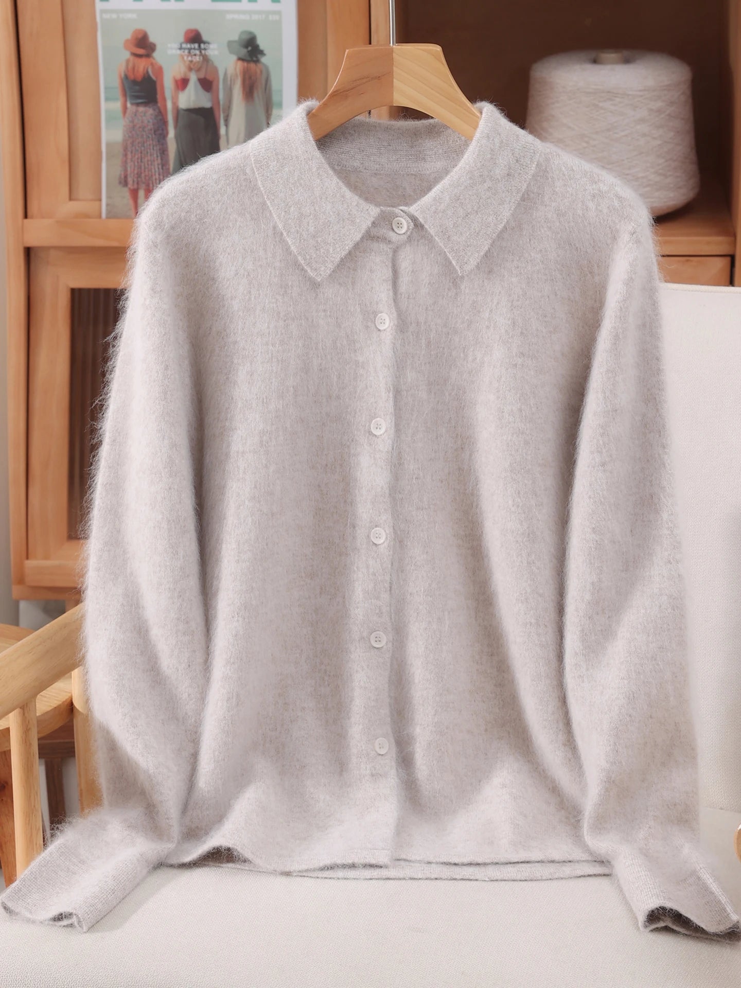 Otoño Invierno mujer 100% suéter de cachemira de visón puro con cuello Peter Pan y botones Preppy coreano Casual tejido de Color sólido
