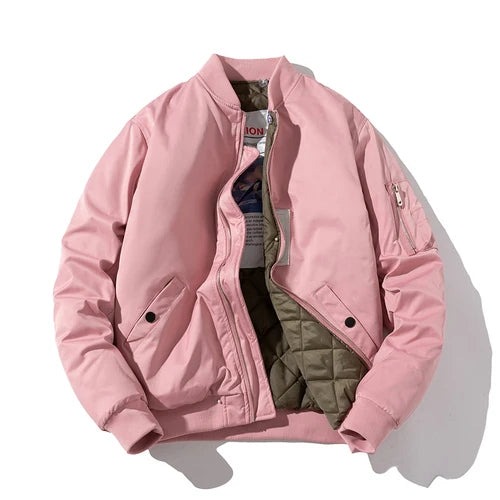 Chaqueta Bomber para hombre y mujer, chaqueta de piloto lisa de otoño e invierno, abrigo de béisbol con capucha Vintage a la moda, cortavientos informal, rojo, rosa, Borgoña