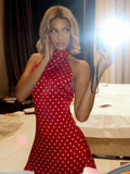 Elegante Vestido Mini de Puntos con Hombros Descubiertos para Mujer, Sin Mangas, Espalda Descubierta, Cintura Alta, Estilo Y2K, Moda de Verano, Vestido de Fiesta para Club