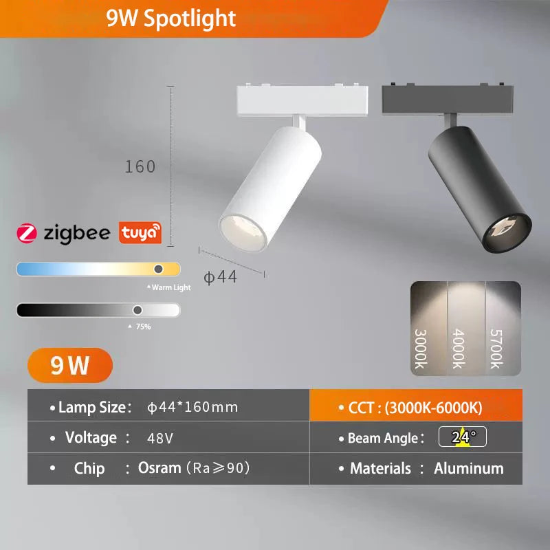 Sistema de luz de pista magnética de montaje en superficie de techo regulable Tuya Zigbee inteligente fino de 6MM lámpara delgada blanca y negra segura DC48V para el hogar