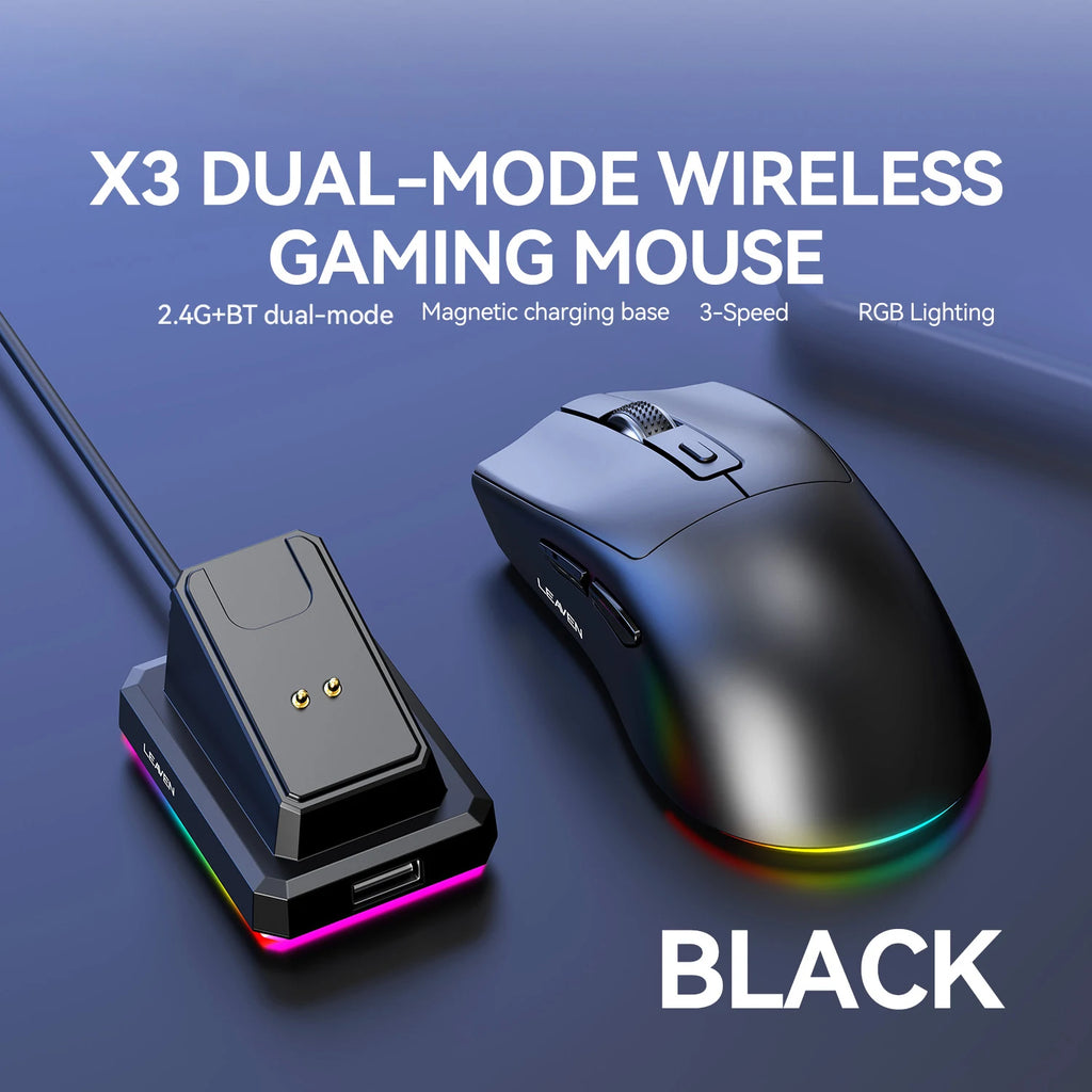 Ratón inalámbrico de modo dual |   Base de carga magnética |   Retroiluminado RGB |   DPI de 3 velocidades (800-1200-1600) |   2.4G/BT |   Adecuado para uso diario.