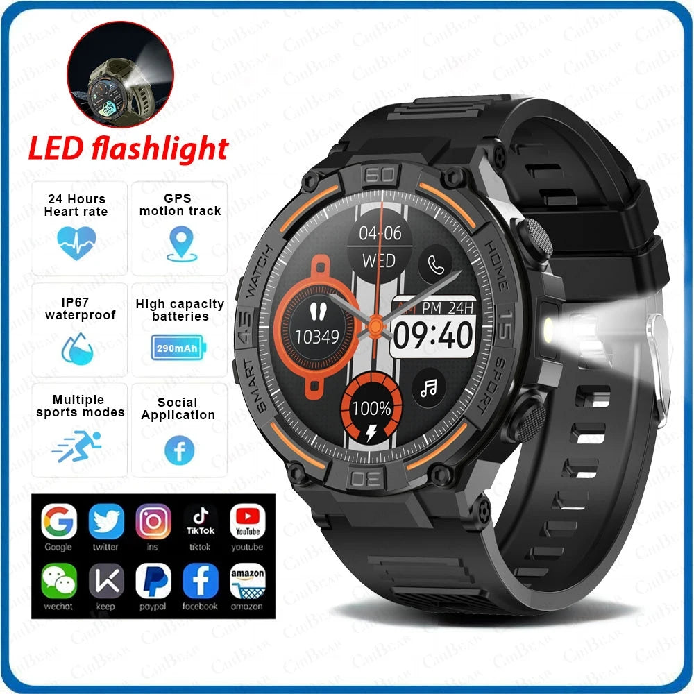 Reloj inteligente militar resistente al aire libre para hombres, GPS, deportes, Fitness, resistente al agua, llamada Bluetooth con luces LED, reloj inteligente