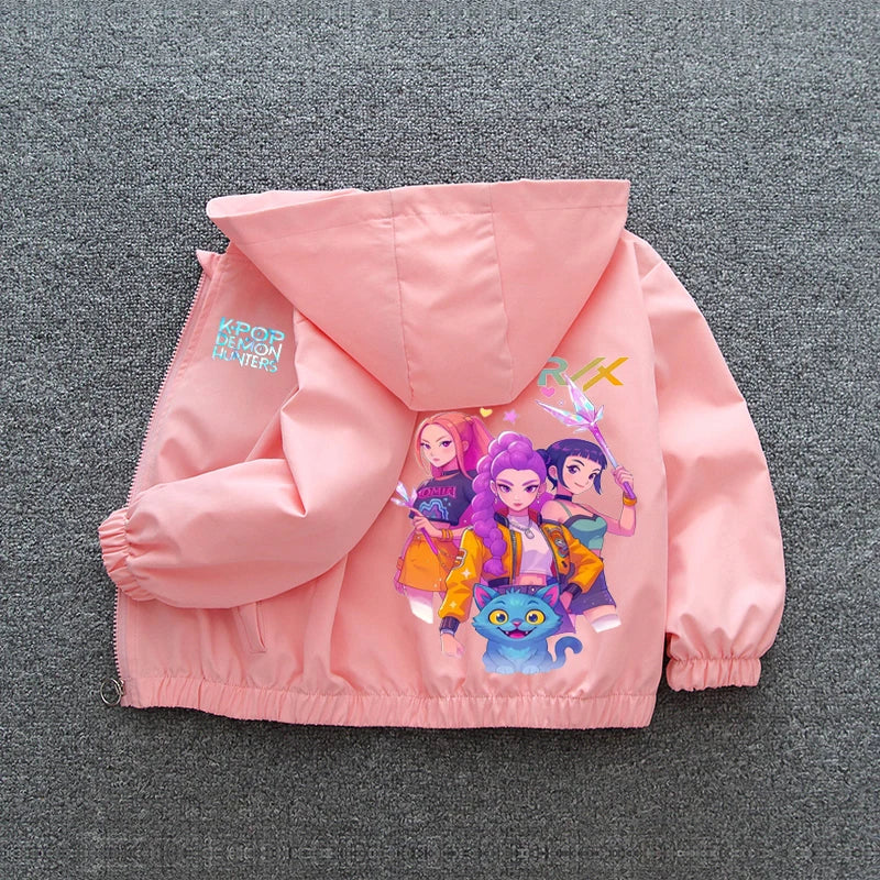 Chaqueta Cortavientos para Niñas Adolescentes K-pop Demon Hunters 2026 Primavera Otoño, Chaqueta con Capucha Estampada de Dibujos Animados, Ropa Exterior Impermeable