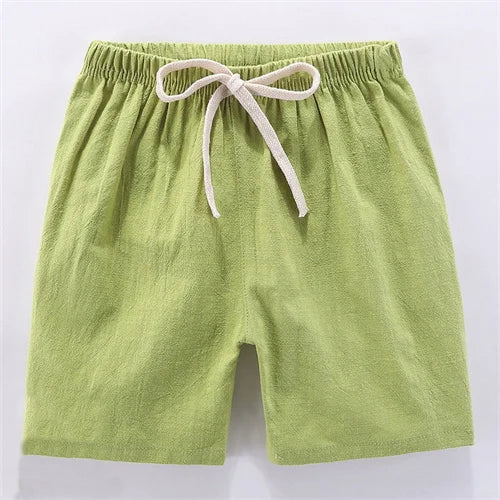 Pantalones cortos para niños y niñas, pantalones cortos deportivos de lino y algodón para verano, finos, transpirables, con cintura elástica, para playa, pantalones cortos informales sueltos para chico