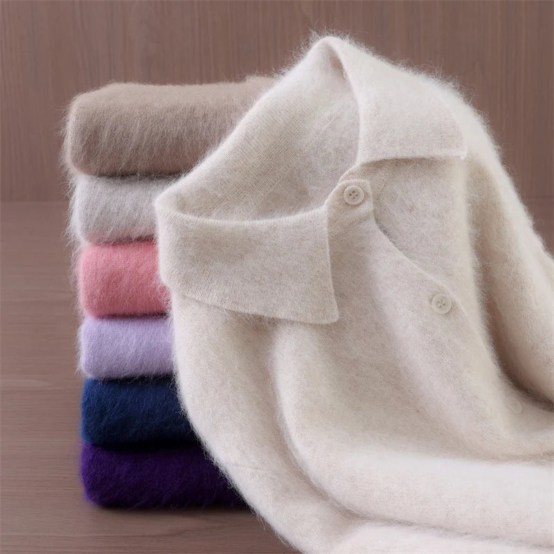 Otoño Invierno mujer 100% suéter de cachemira de visón puro con cuello Peter Pan y botones Preppy coreano Casual tejido de Color sólido
