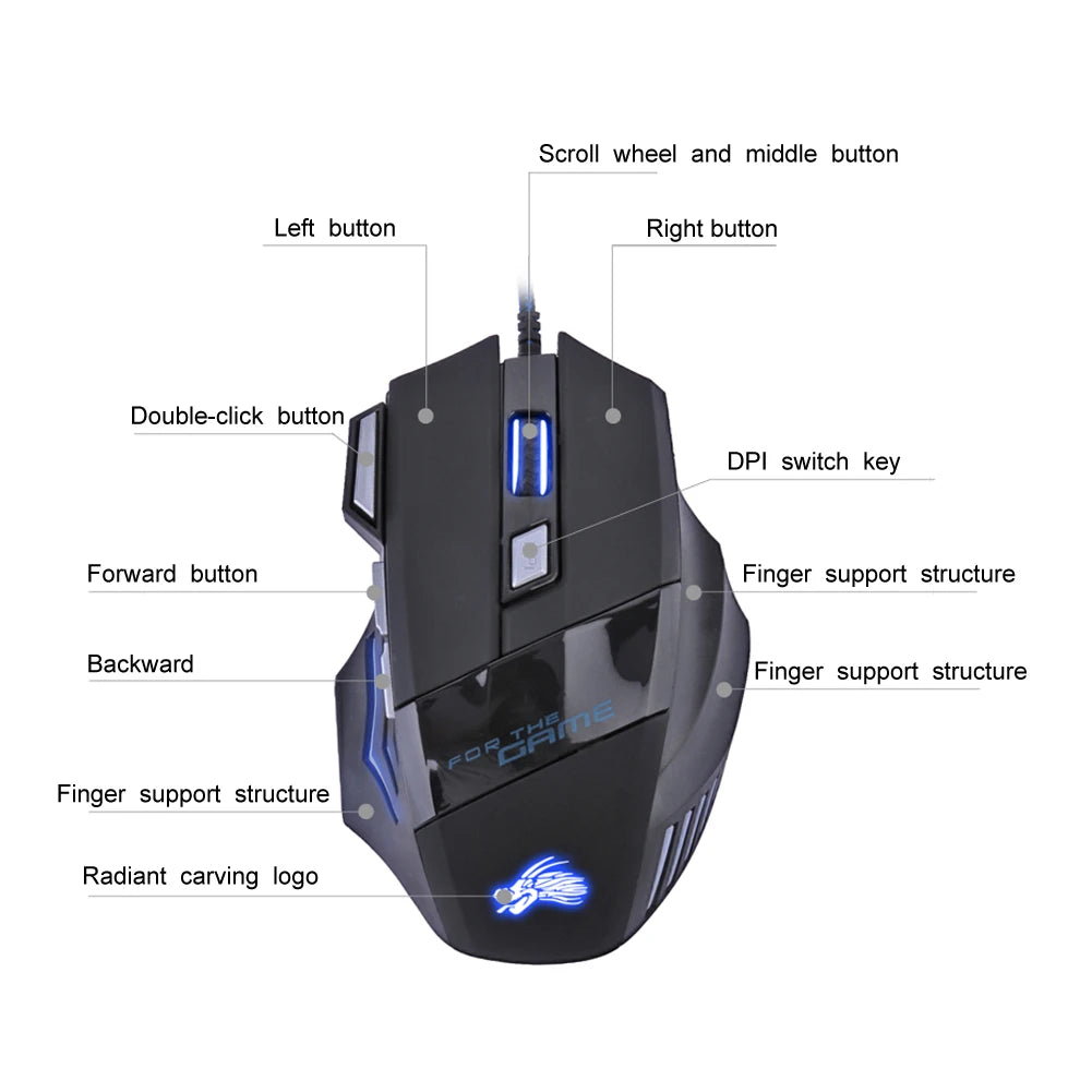Ratón óptico con cable para juegos, periférico ergonómico retroiluminado con 7 botones, 5500 DPI, ajustable, para PC, ordenador de escritorio
