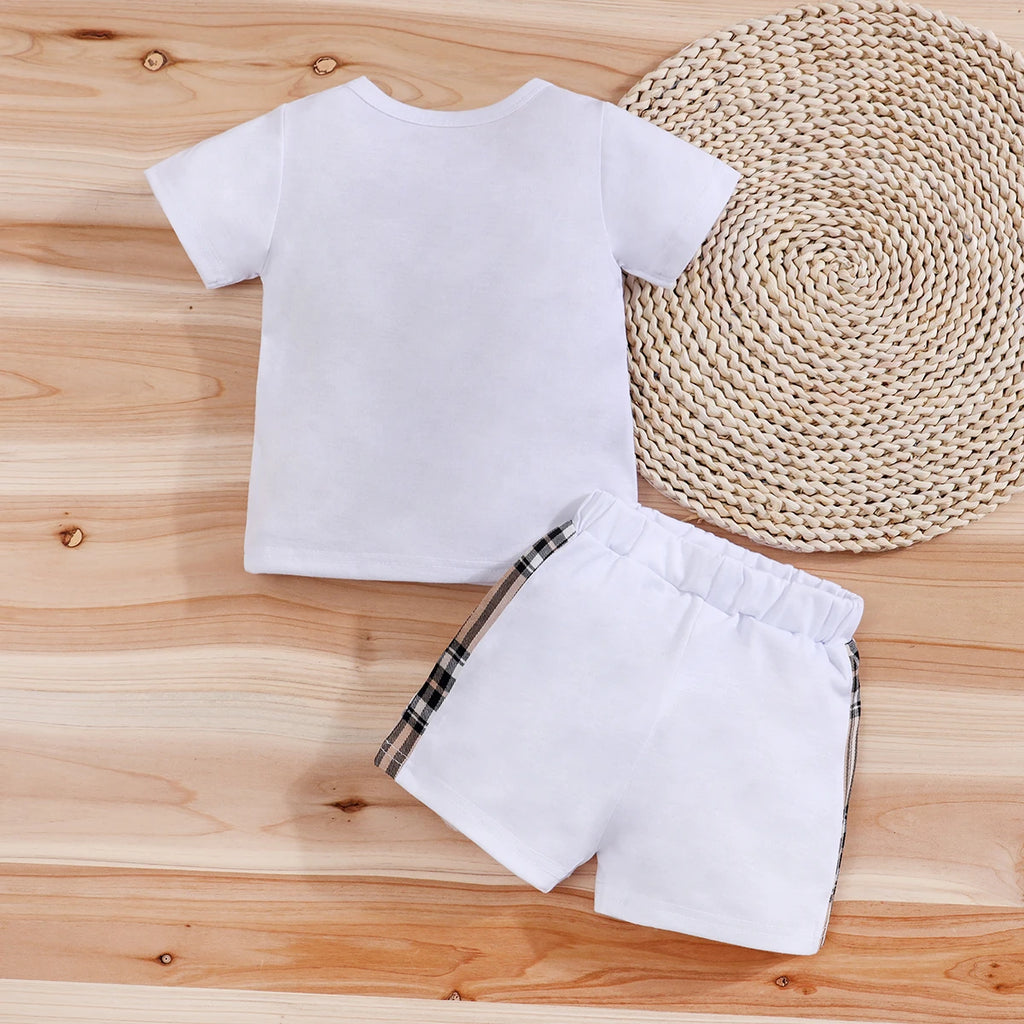 IURNXB-Conjunto de ropa para bebé, camisetas de manga corta + Pantalones cortos con estampado de oso a cuadros de dibujos animados, Tops bonitos para niños, pantalones, trajes informales de 3 a 24M, 2 uds.