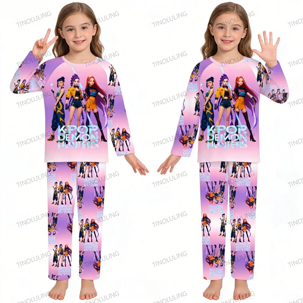 Conjunto de pijamas para niños KPop Demon Hunters Huntrix, ropa de manga larga para niñas, 2 uds., ropa de dormir para niños, ropa de dormir de dibujos animados para niños de 3 a 14 años