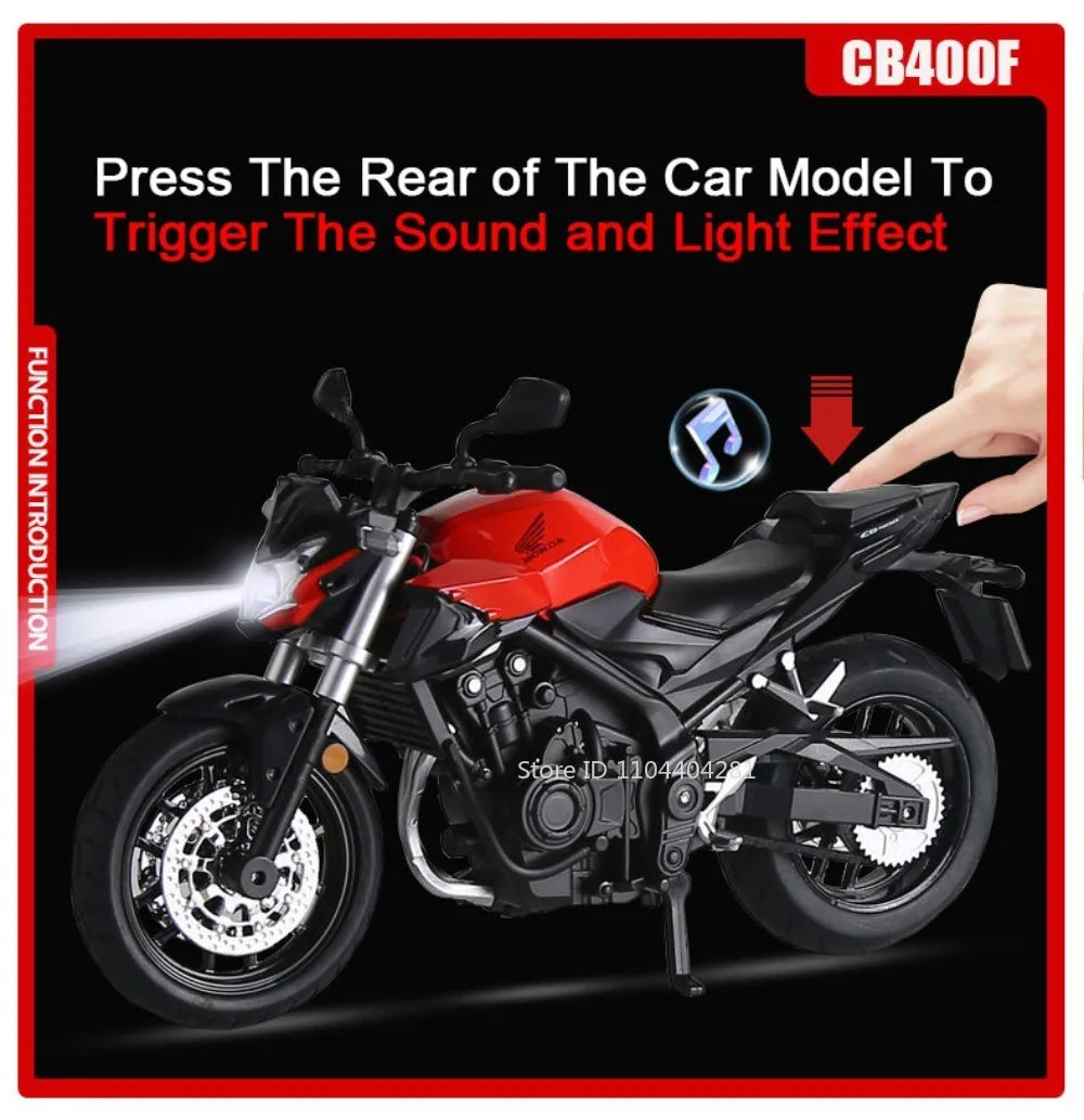 1:12 Honda CB650 CB400F juguetes de coches de aleación fundida modelos dirección de la rueda delantera de la motocicleta con vehículos ligeros de sonido coleccionar adornos